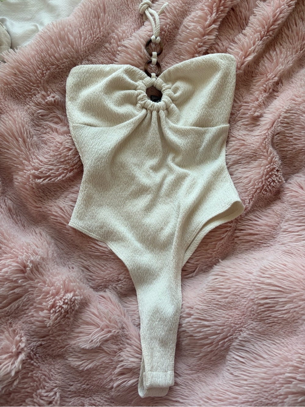 Forever 21 Cream Knot-Front One-Piece Bodysuit with Ring Detail